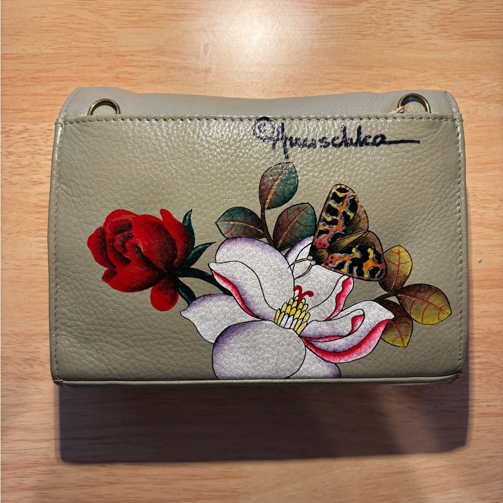 Anuschka Beige Crossbody Bag with Floral and Butterfly Design